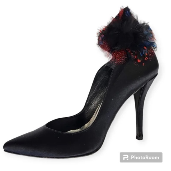 Stuart Weitzman Black Satin & Feather Heels